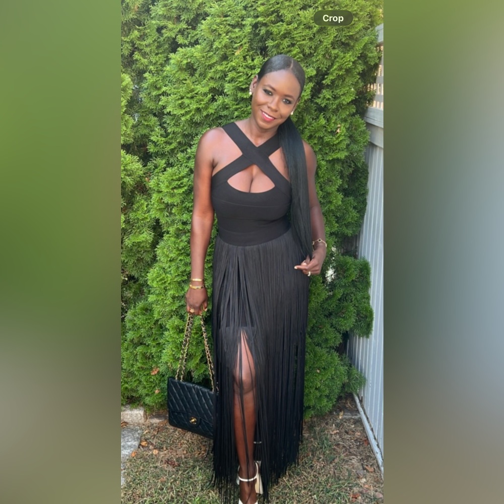 Herve Leger Black Fringe Dress with White Heels - Picture 3 of 6